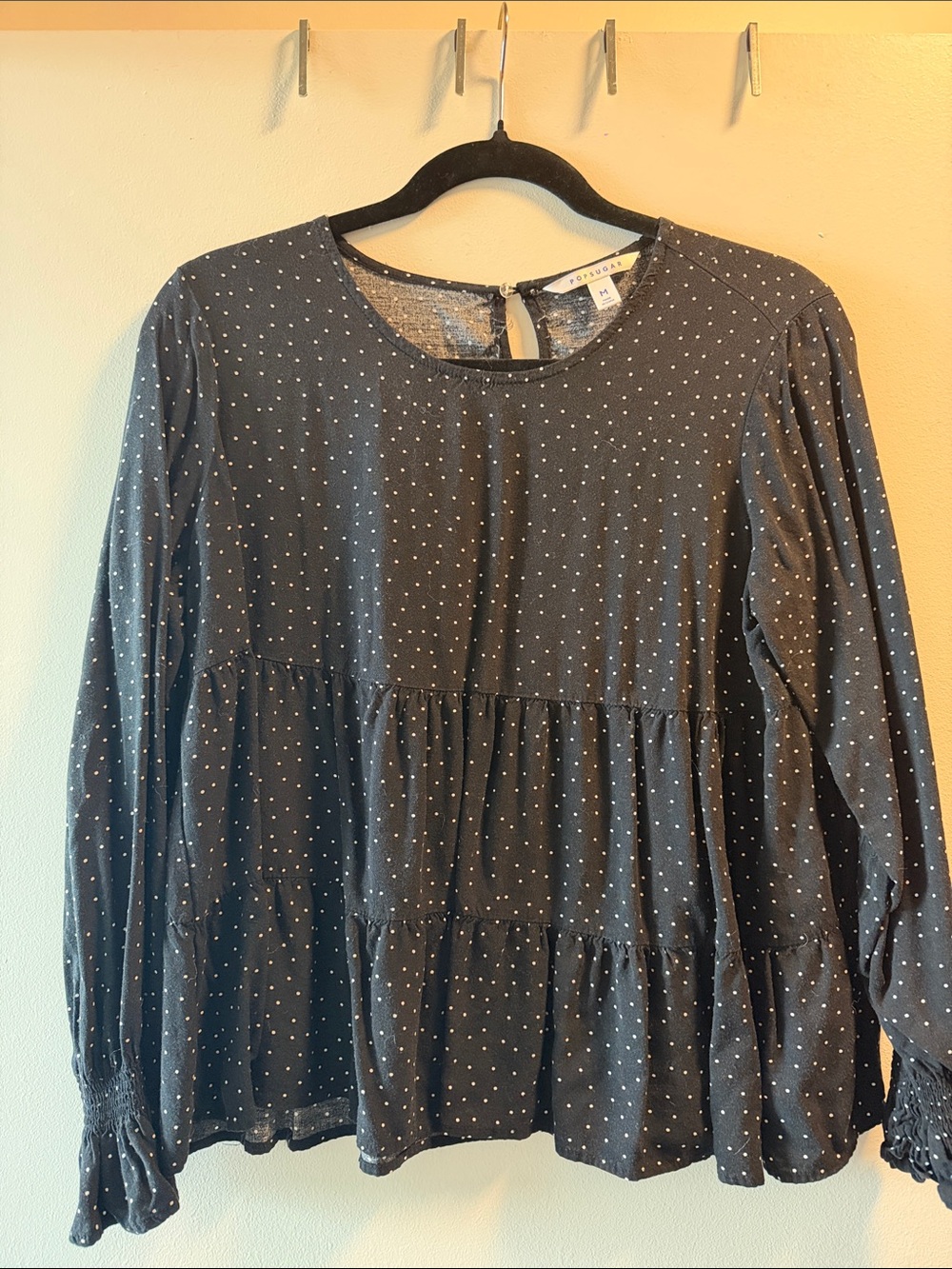 Everlane Charcoal Gray Polka Dot Tiered Long-Sleeve Blouse